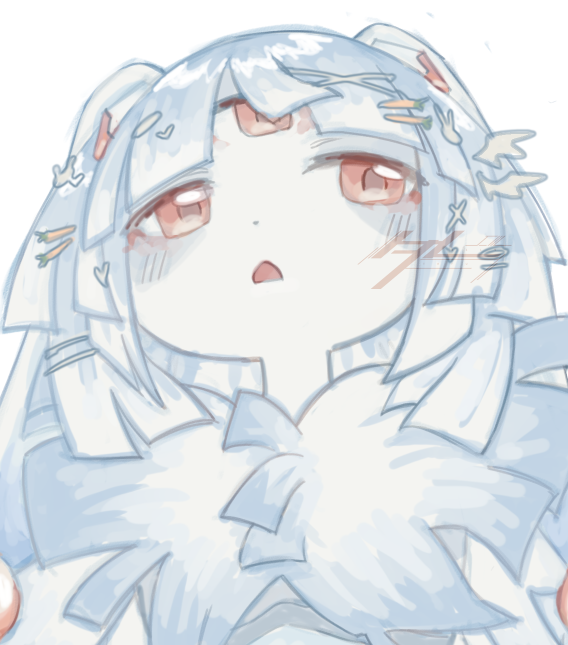 a drawing of an anime girl with white hair, wearing a white dress with a large bow. her eyes are wide open and she has a blush on her cheeks. the background is white and the drawing is done in a pastel style. she looks very cute and innocent.