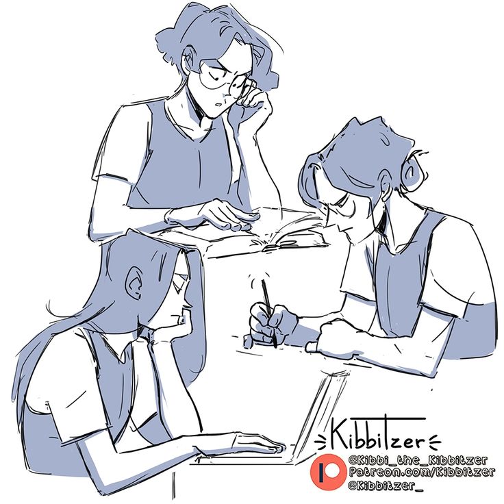 an illustration of three friends sitting at a desk studying. the person on the left is wearing glasses and has their head resting on their hand. the person in the middle is looking at a book while the person on the right is writing. the person in the middle and right are both wearing glasses.