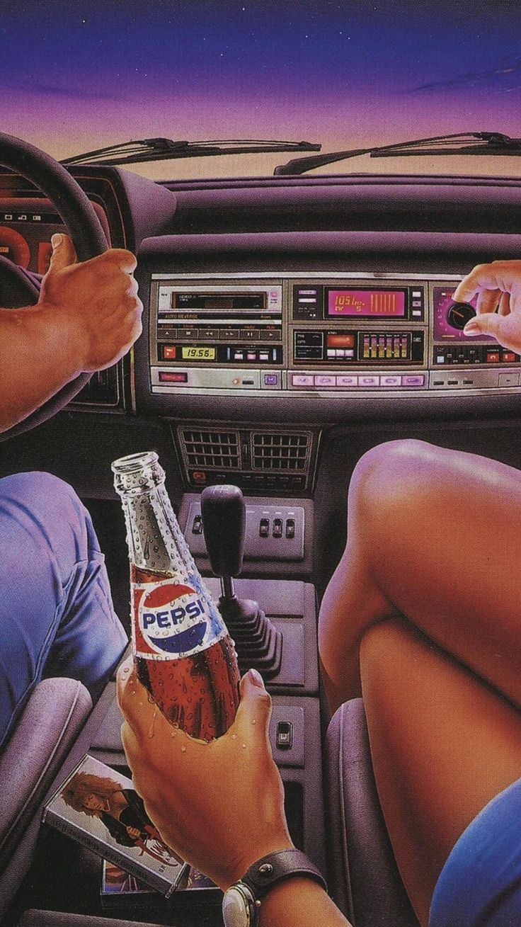 a retrostyled image capturing a couple enjoying a road trip in a vintage car, with the sunset in the background. the car's interior is filled with 80s/90s details, such as a cassette player and a hand holding a pepsi bottle. the driver is holding the steering wheel while the passenger is looking at the sunset and enjoying the breeze.