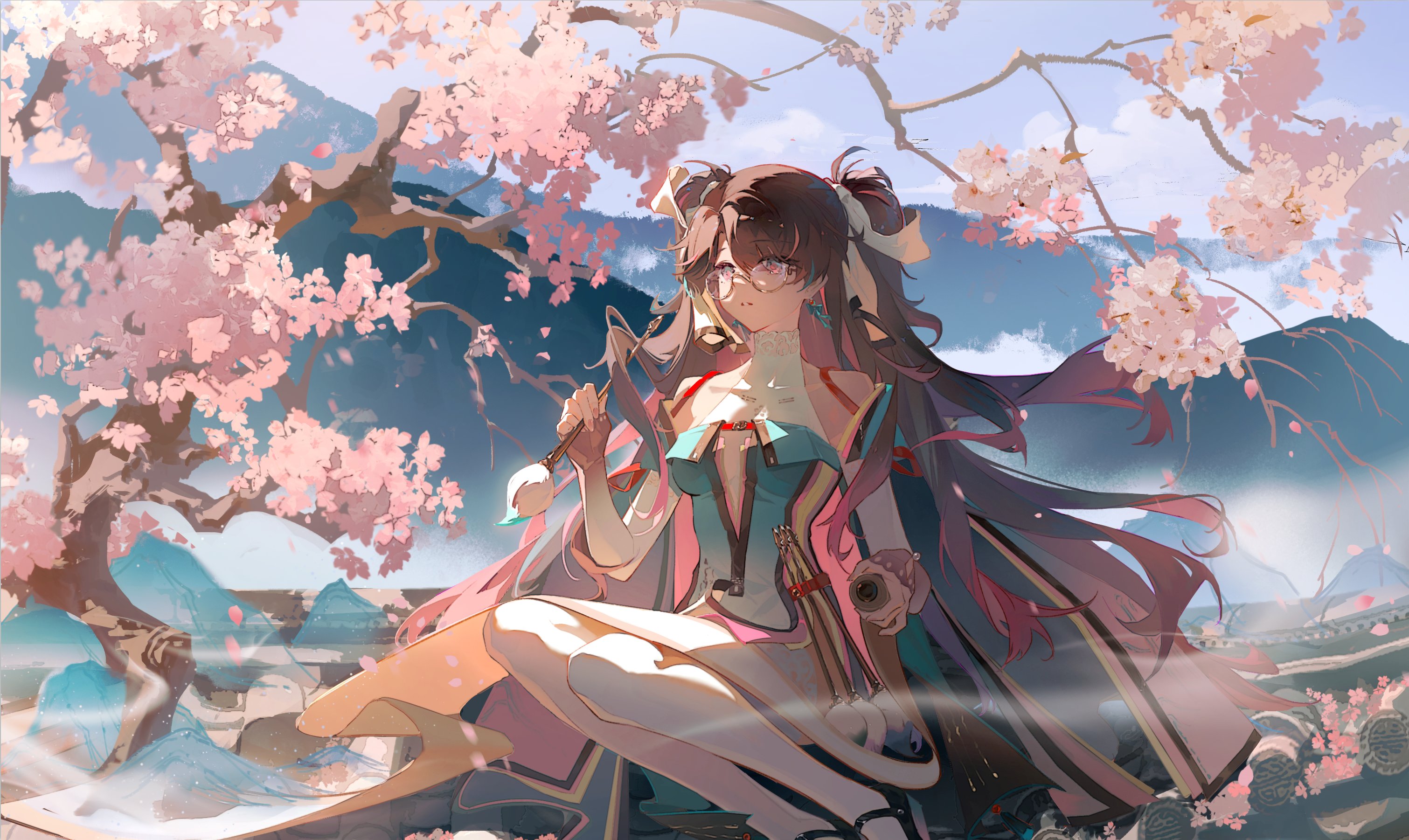 the image showcases a female anime character, potentially inspired by genshin impact's yae miko. she has long brown hair with pink highlights, adorned with bows, and wears an elaborate pink, white, and teal outfit. she holds a pipe in her right hand and rests her left hand near a bow on the ground. the setting is outdoors, featuring a blooming cherry blossom tree, mountains in the distance, and a partially cloudy sky. the overall color palette is soft and warm, with a focus on pinks, purples, and blues.