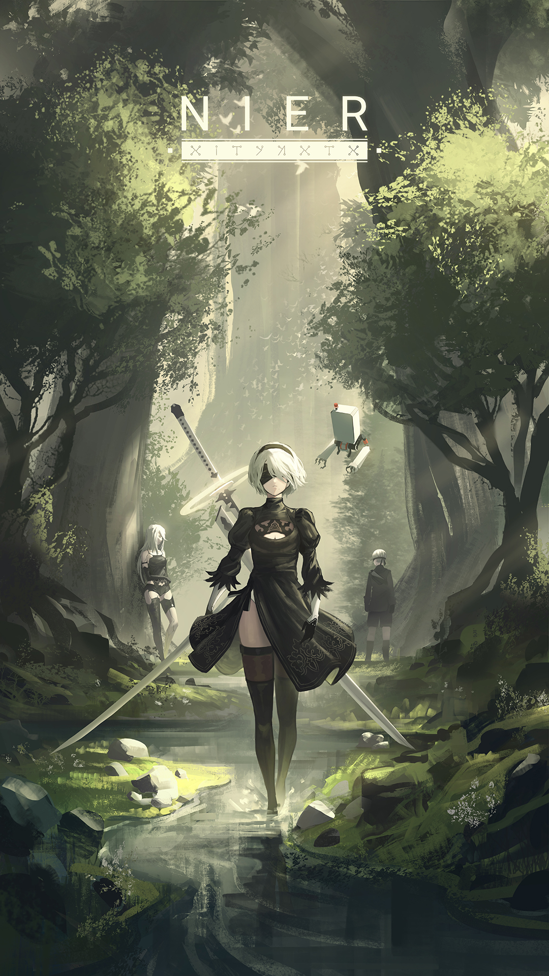 the image depicts a scene from the video game nier: automata. in the foreground, the main character, 2b (yorha no. 2 type b), a female android, walks through a shallow river. she is dressed in her signature black dress with thighhighs and carries two swords, one strapped to her back and the other held in her hand. behind her, a flying pod accompanies her, and in the background, two other figures can be seen in the forest. the setting is a lush, green forest with tall trees and sunlight filtering through the canopy. above the scene, the title "nier" is displayed. the overall tone is artistic and evocative, capturing the game's atmosphere.