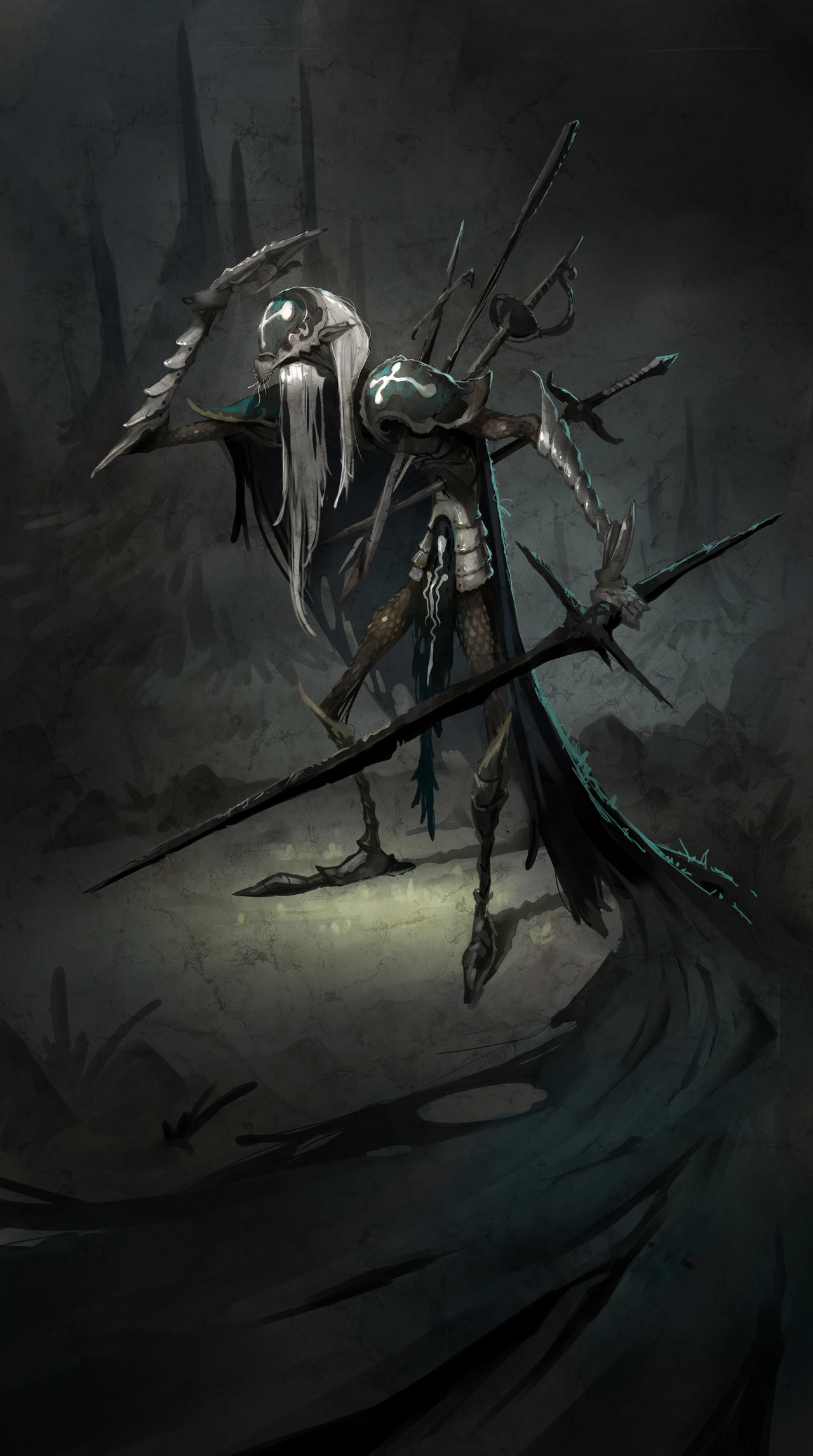 a dark, skeletal, humanoid creature stands in the shadows, its bony limbs adorned with a variety of weapons. the creature is clad in dark armor and a cloak, its face obscured by a helmet. the image is dark and menacing, with a sense of danger and evil.
