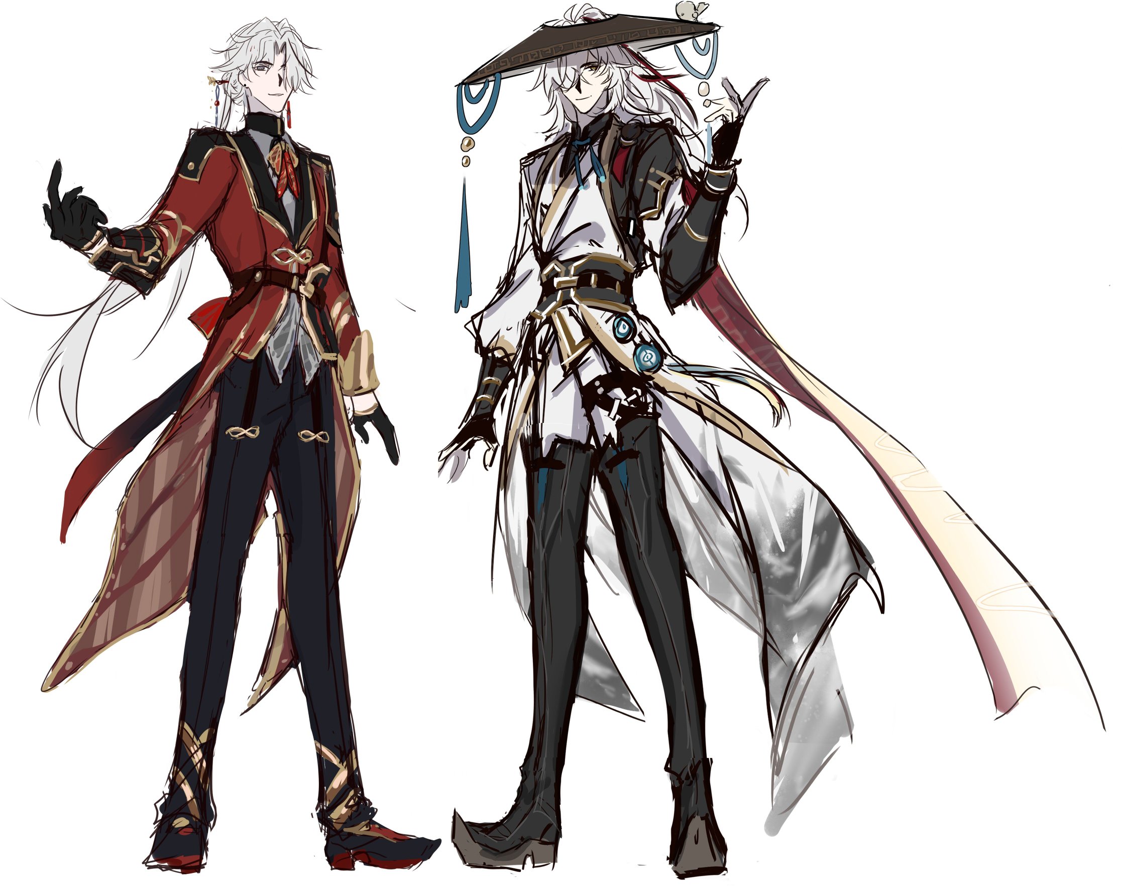 the image is a drawing of an anime character. the character is a young man with long white hair and blue eyes. he is wearing two different outfits, one red and gold, and one white and gold. the character on the left side is in a red jacket with gold details, black pants and a gold scarf. the character on the right side is in white attire with gold details and a hat. the character appears to be quite elegant and stylish.