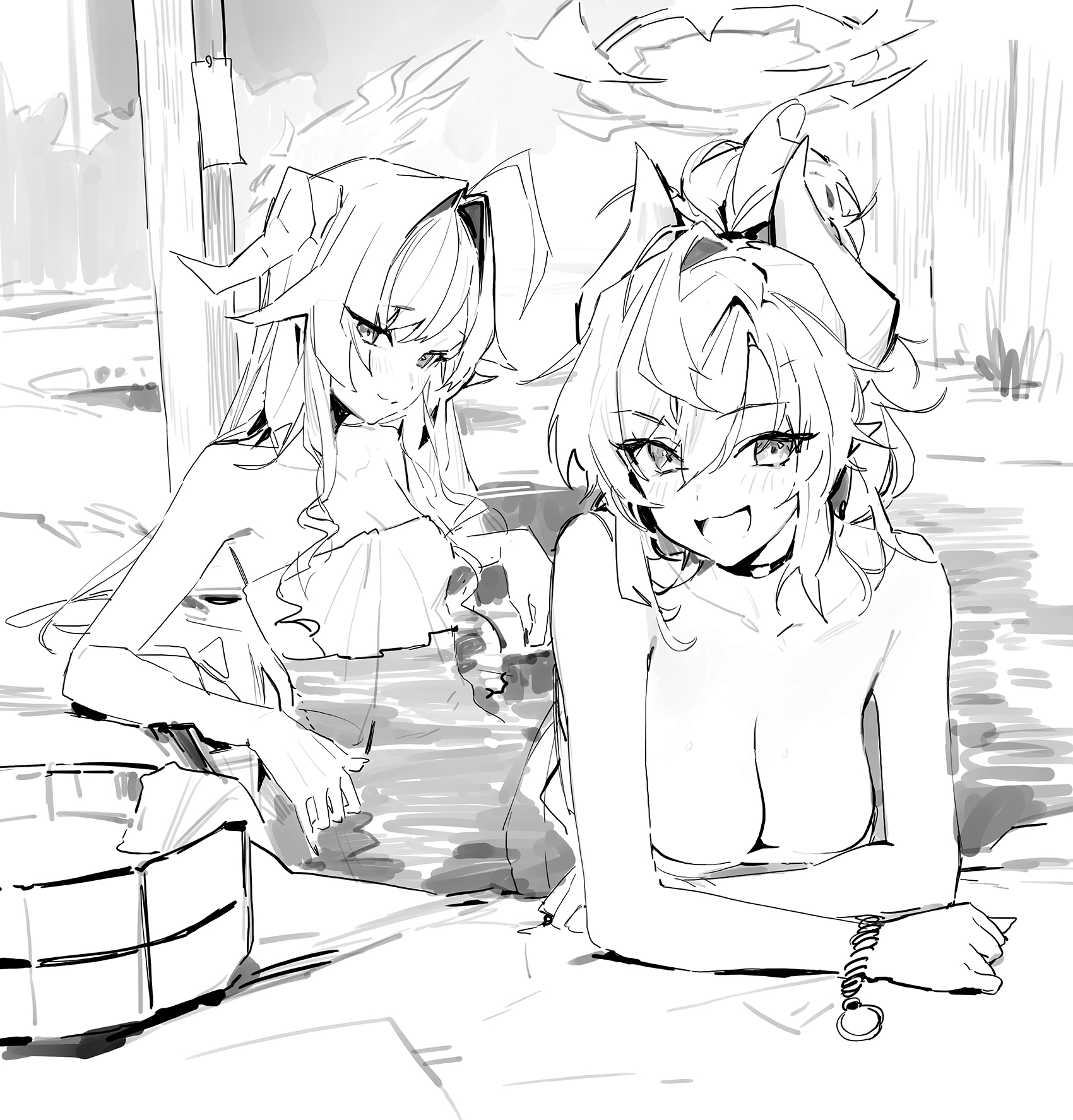 the image is a black and white sketch or drawing in anime/manga style. it depicts two young women, possibly demons or characters with horns, relaxing in a bath or onsen (hot spring).  one woman is mostly covered, wearing a partially visible top, while the other is topless,  both appearing relaxed and happy. the style is loose and sketchy, with a focus on capturing a mood rather than precise detail. the background suggests an outdoor setting with natural elements.  the overall tone is light and playful.