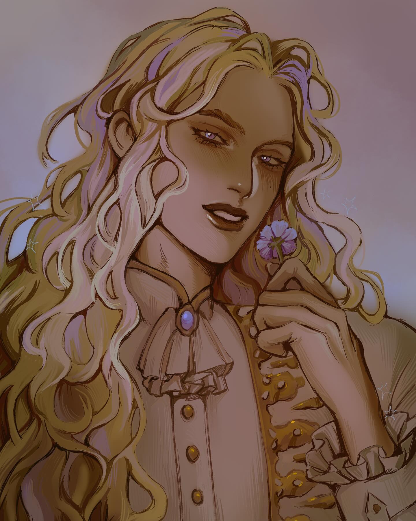 the image is a digital painting or illustration of a handsome, androgynous male character with long, flowing blond hair. he is depicted from the chest up, wearing an elegant, ornate outfit that appears to be inspired by baroque or rococo styles.  the clothing is primarily light beige with gold detailing and ruffles.  he holds a small purple flower delicately between his fingers.  the art style is reminiscent of anime or manga, with soft pastel coloring and a focus on detail, particularly in the character's hair and clothing.  the overall mood is romantic, dreamy, and sophisticated.