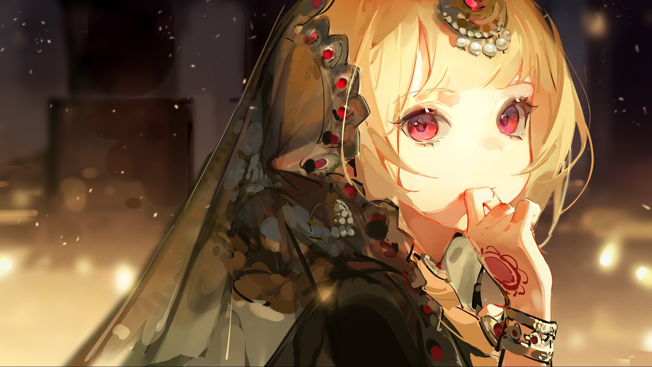 the image is a digital painting of an animestyle girl.  she has long blonde hair partially obscured by a dark, ornate veil adorned with red embellishments. her eyes are a striking red, and she is wearing intricate jewelry, including a headpiece and bracelets.  one hand is delicately raised to her mouth. the background features blurred lights and a warm, almost golden, lighting scheme. the overall style is fantasyinspired and suggestive of a mysterious, elegant atmosphere.  the focus is on the girl's face and upper body, with the background subtly providing context.