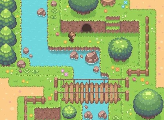 the image is a pixel art depiction of a topdown view of a grassy area with a river running through it. a small wooden bridge allows passage over the river, and there's a character standing on the grass near the bridge. the area is dotted with trees, flowers, rocks, and wooden fences, creating a peaceful and idyllic scene.