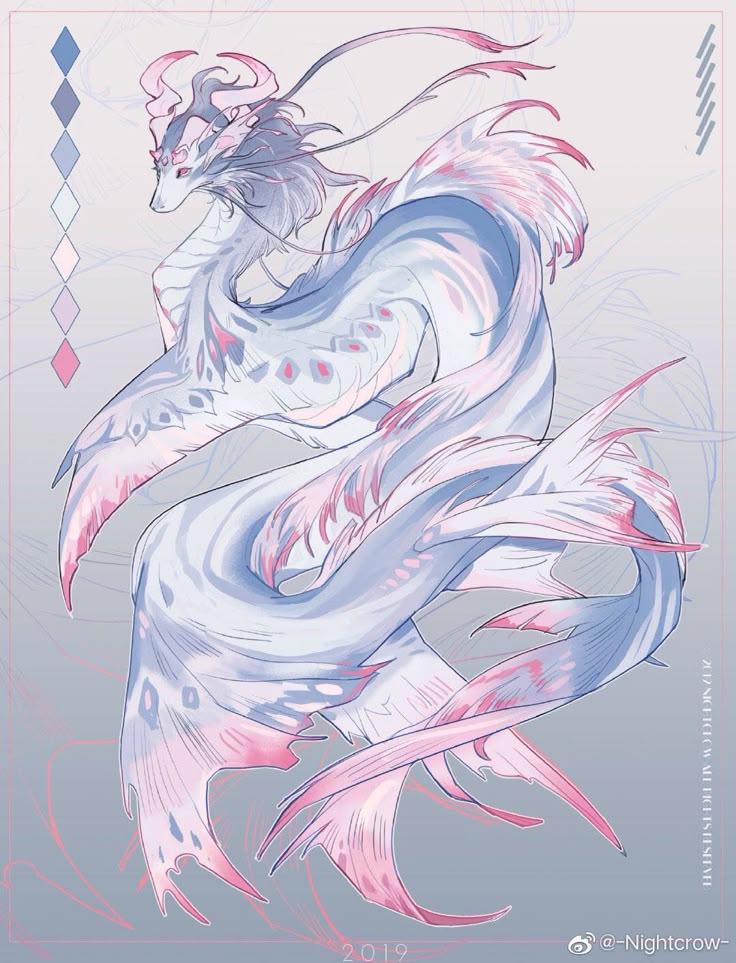 an illustration of an elegant, serpentine dragon with a flowing body, scales, horns, and fins, colored in shades of pink, blue, and white. the dragon has a graceful and whimsical appearance.