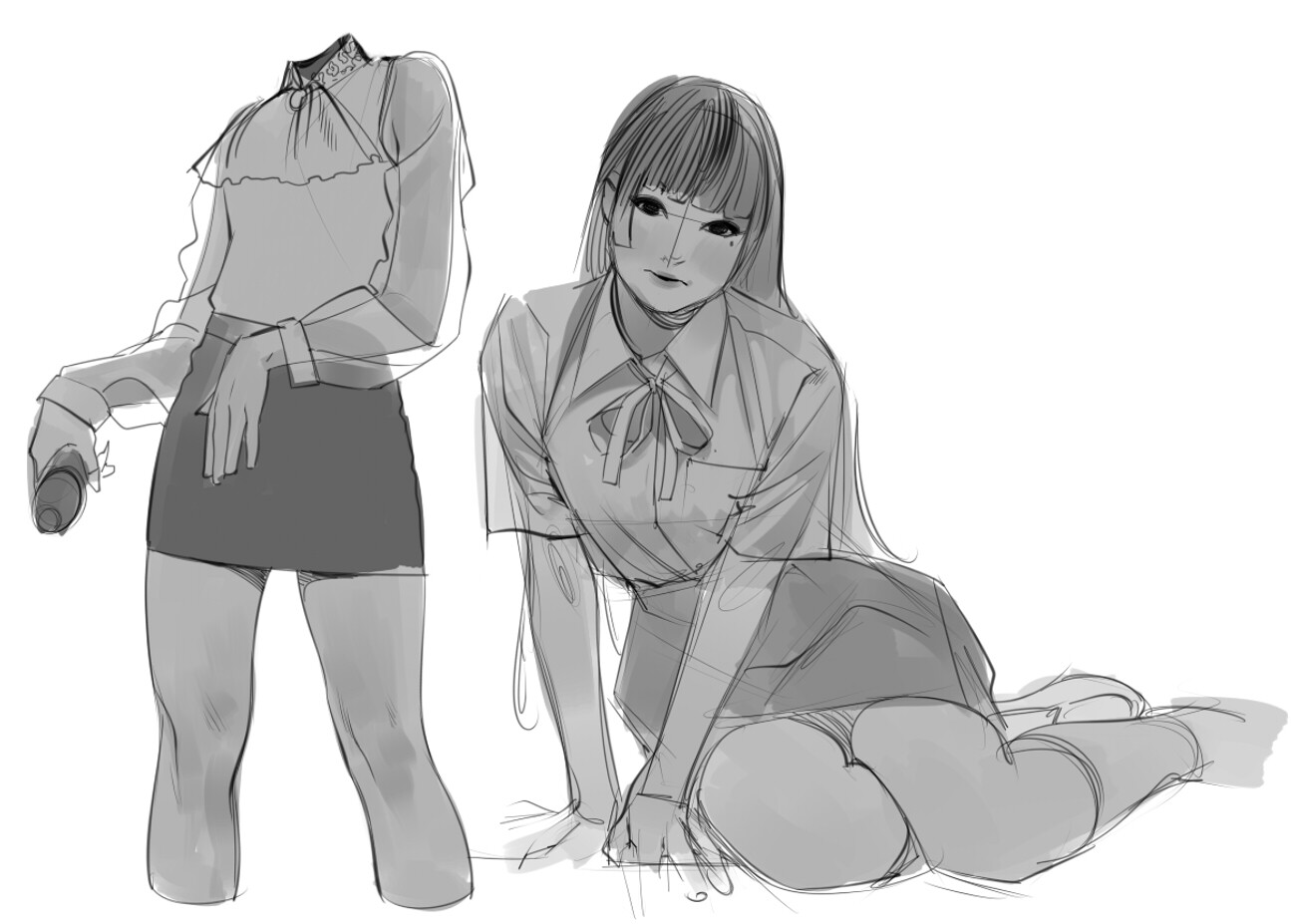 this is a black and white sketch of two poses of a female figure in stylized clothing reminiscent of idol stage outfits, potentially kpop. the left pose is standing with a hand outstretched, potentially holding a microphone. the right pose is sitting and turned towards the viewer. both are in a loose and expressive style.