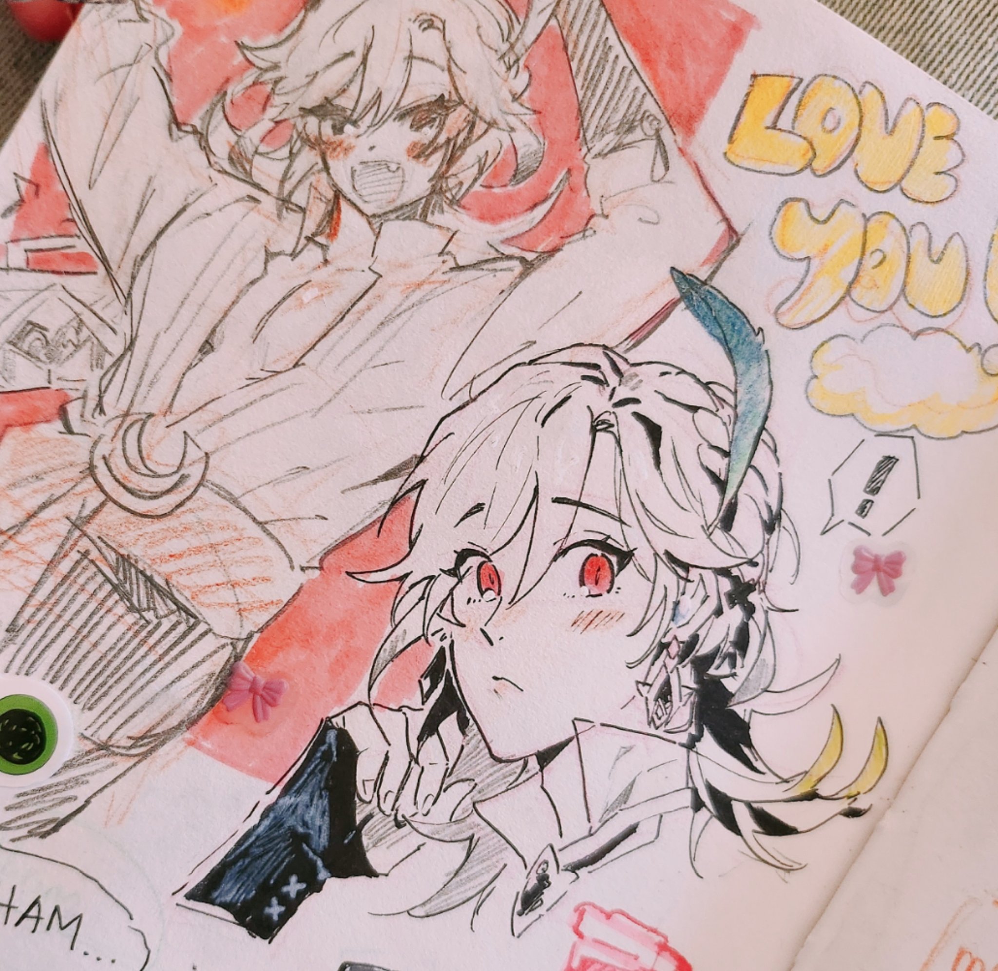 the drawing is a colorful sketch of two anime characters. the character on the left is a girl with long pink hair, and she's wearing a white shirt, with a red and white jacket over top. she's also wearing white pants, and her eyes are black. the character on the right is a girl with long white hair, and she's wearing a black jacket, and a white shirt, with a blue and white accessory on her head. she's also wearing white pants, and her eyes are red. the background of the image is a light pink color with a light yellow cloud on the upper right corner. the words “love you” are also written on the upper right corner. the word “ham” is written on the lower left corner.  the entire drawing is in a style that is cute and lively.