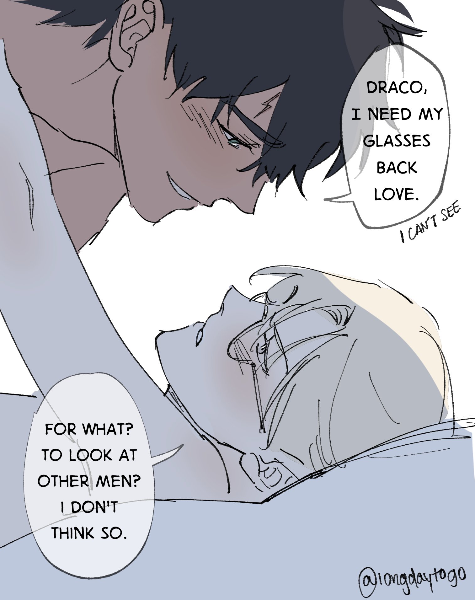 he image is a yaoi manga style illustration depicting a romantic scene between two young men. one man, with dark hair, is leaning over the other, who is lying down. the man lying down is saying that he needs his glasses back, implying a humorous situation. the overall style is sketchy and intimate, suggesting a close relationship between the characters. the image also includes text speech bubbles containing dialogue between the two characters.