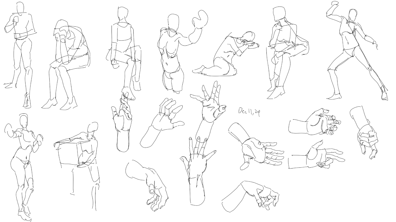 this image contains a collection of quick gesture drawings and hand studies, all done in a singleline style. the drawings depict various human poses, including seated, standing, and dynamic actions. some figures are fullbody, while others focus on specific body parts, primarily hands. the style is loose and expressive, prioritizing movement and form over precise detail.  the date "dec 11, 29" is written on the page, suggesting a date of creation. the overall impression is that of a sketchbook page filled with practice drawings used to hone the artist's skills in figure and hand anatomy.