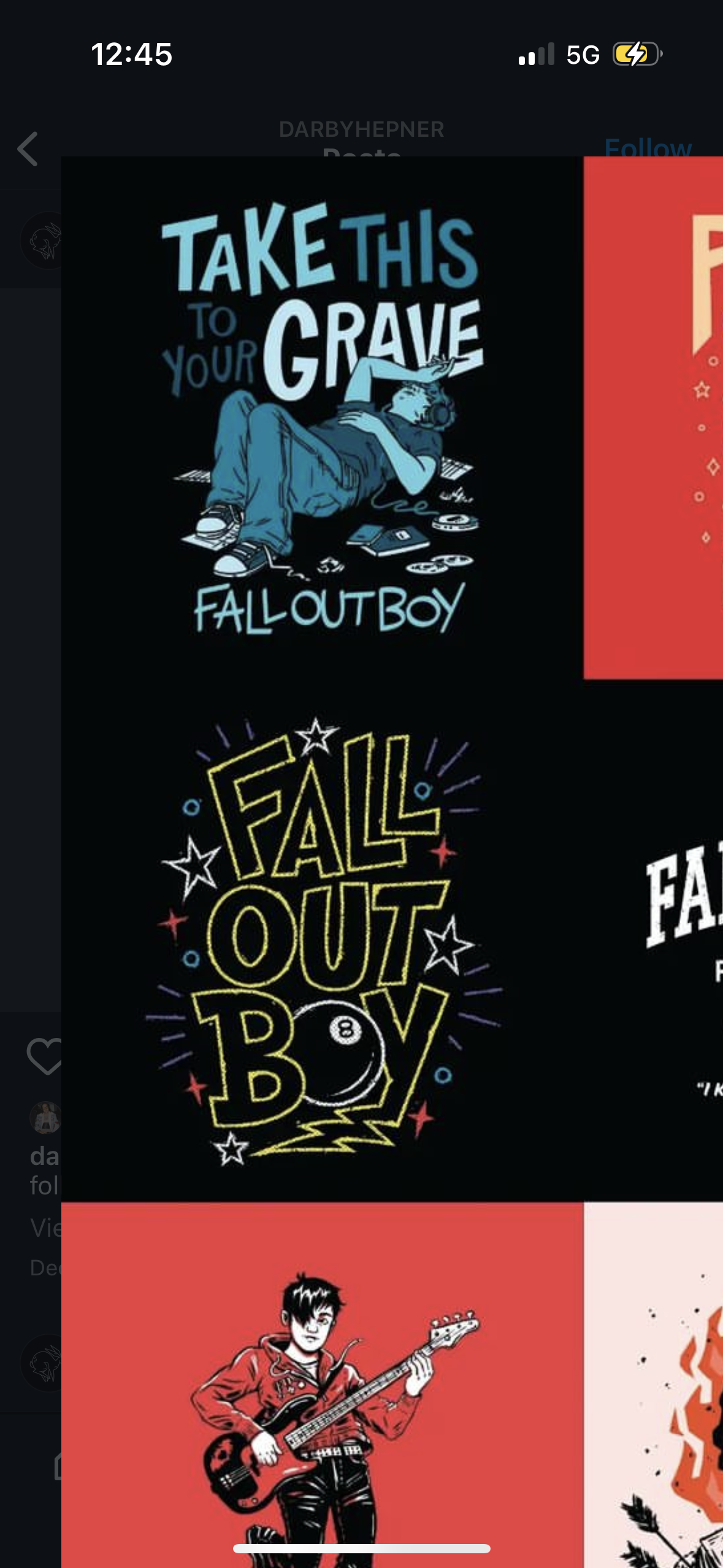 a phone screen displaying a variety of album covers featuring fall out boy's music. the main image is the band's logo with the words "fall out boy" and a black 8 ball. other album covers shown are "take this to your grave", "folie à deux", and "from under the cork tree". the background includes music app icons and the notification bar.