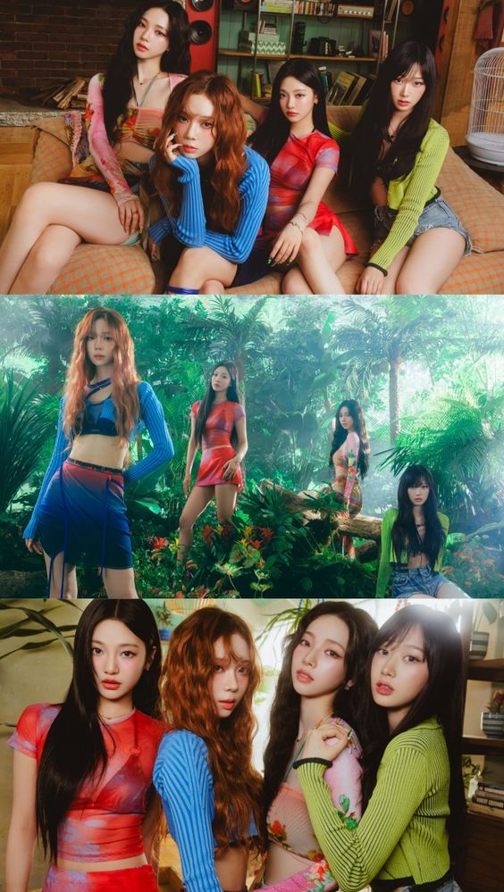 he image showcases a sixmember kpop girl group in three different settings. the top image features all six women posing on a couch in a room filled with vintage decor and warm lighting. they wear colorful, summery outfits. the middle image shows three members standing amidst lush green foliage, evoking a tropical jungle atmosphere. the bottom image focuses on four members posing closely together against a backdrop resembling the top image, showcasing their vibrant outfits and playful expressions.