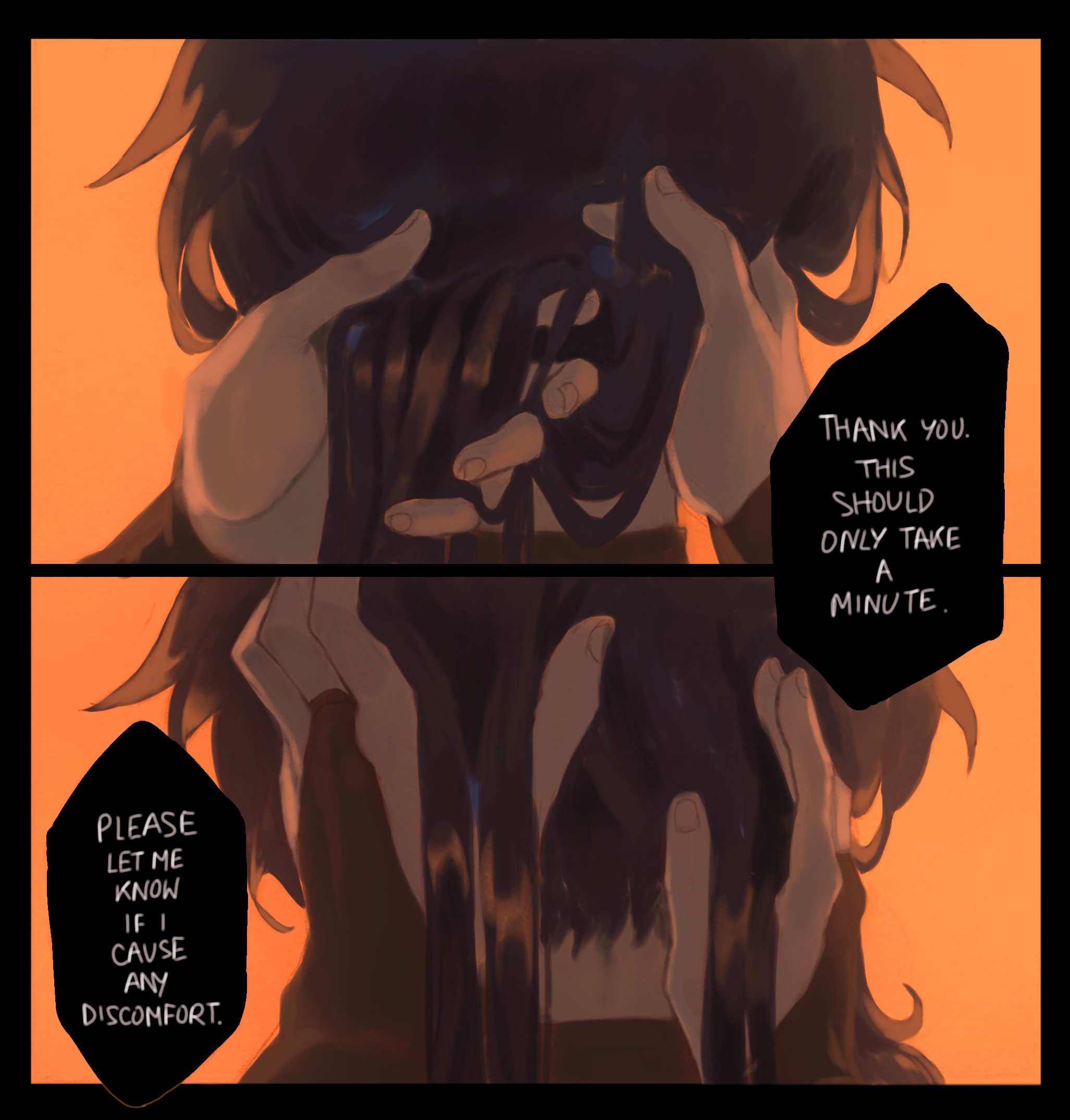 the image is a digital illustration from a comic or manga. it features a character with long, black hair reaching down to their waist. the character has their hands in their hair, as if they are holding something. the hands are partially obscured by the hair, giving the impression of a mysterious gesture. there are two speech bubbles, both containing text that appears to be dialogue. the speech bubbles are placed against an orange background that is slightly faded in color. the character appears to be in the middle of a dialogue with someone offscreen. the overall tone of the illustration is dark and mysterious, suggesting a moment of tension or intrigue.