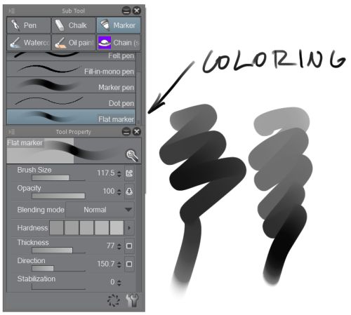 this image shows a digital drawing interface with the flat marker tool selected. the tool's settings are visible, including brush size, opacity, blending mode, hardness, thickness, direction, and stabilization. the tool is being used to draw two shapes on the canvas, one in black and one in grey, to demonstrate the effect of different settings on the drawing. the words "coloring" are written on the image, indicating that the image is about coloring.