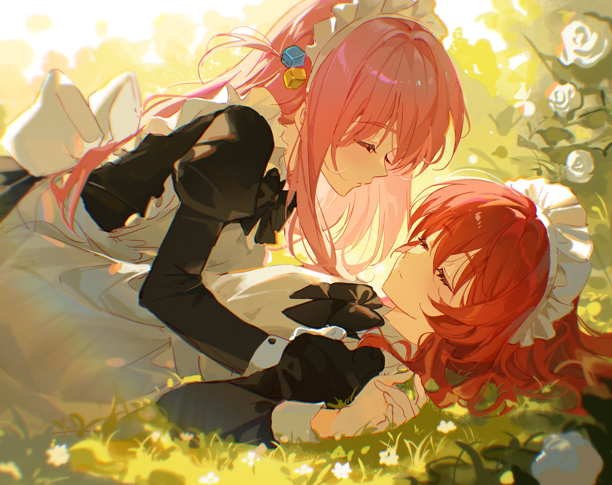 the image is a digital illustration featuring two anime girls in maid outfits.  one girl has long pink hair, and the other has long, vibrant red hair. they are lying close together in a sunny grassy field filled with white flowers, appearing to be embracing or cuddling intimately. their expressions are soft and affectionate, suggesting a romantic or loving relationship. the overall style is soft, colorful, and evokes a sense of peace and tranquility.  the art style is characteristic of modern anime and digital illustration techniques, with a focus on smooth gradients and a slightly painterly texture.