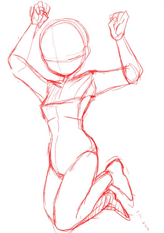 a red line drawing of an anime female jumping. the drawing has a basic outline with no facial features or clothing details. it has a dynamic and energetic pose with the female figure shown with her arms raised above her head. it looks to be a quick sketch with loose lines.