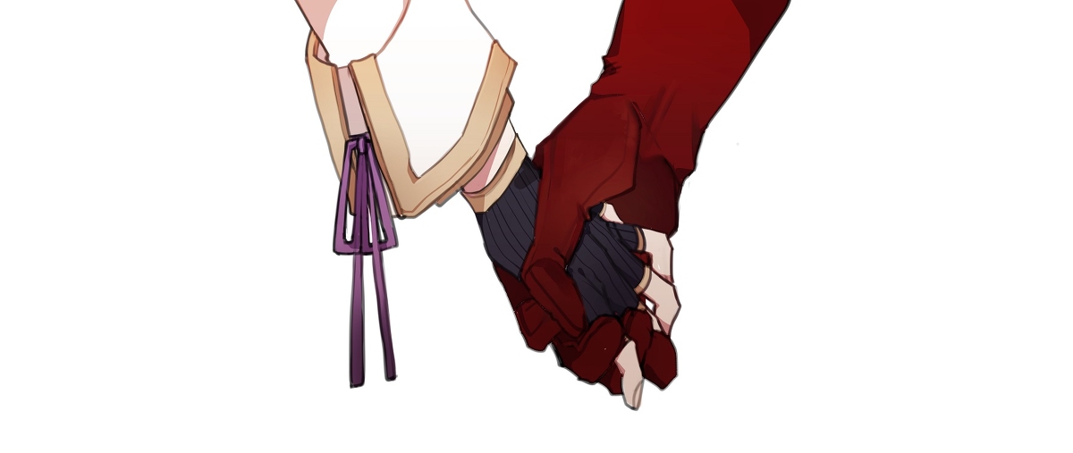 this image shows two anime characters holding hands. the character on the left is wearing a white and yellow outfit with a purple ribbon. the character on the right is wearing a red outfit. their hands are intertwined, and they are looking at each other. the image is drawn in a cute, romantic style, and it depicts the affection between the two characters.