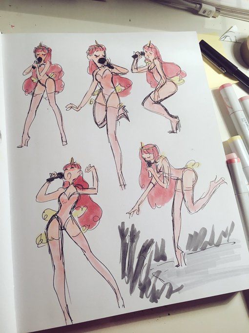 this is a drawing of a girl in a pink dress, with red hair, holding a microphone. it looks like she's singing on stage!