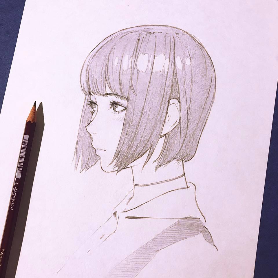 the image is a pencil sketch of a girl with a short bob haircut, her head and shoulders are visible. the sketch is done in a style reminiscent of anime or manga, with delicate linework and subtle shading to create a sense of volume and form. the girl's expression is neutral, her gaze directed off to the left, which lends her an air of quiet contemplation. the background is plain white paper, allowing the focus to remain solely on the portrait.