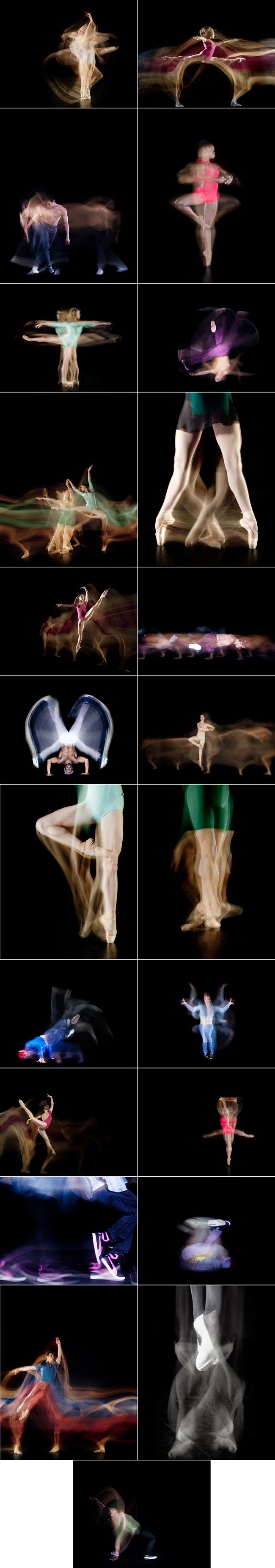 the image is a grid of numerous photographs, each showcasing a different dancer or group of dancers in motion.  the photographs are taken with a long exposure technique, resulting in a significant motion blur effect. this blur creates abstract and flowing lines of light representing the dancer's movement and energy.  the dancers appear in various poses and configurations, some solo and others in pairs or groups.  the background is uniformly black, making the light trails of the dancers stand out prominently.  the overall effect is artistic and ethereal, conveying a sense of grace, fluidity, and the dynamic energy of dance.  the series of images seems to document a variety of dance styles or a single performance captured in multiple frames.