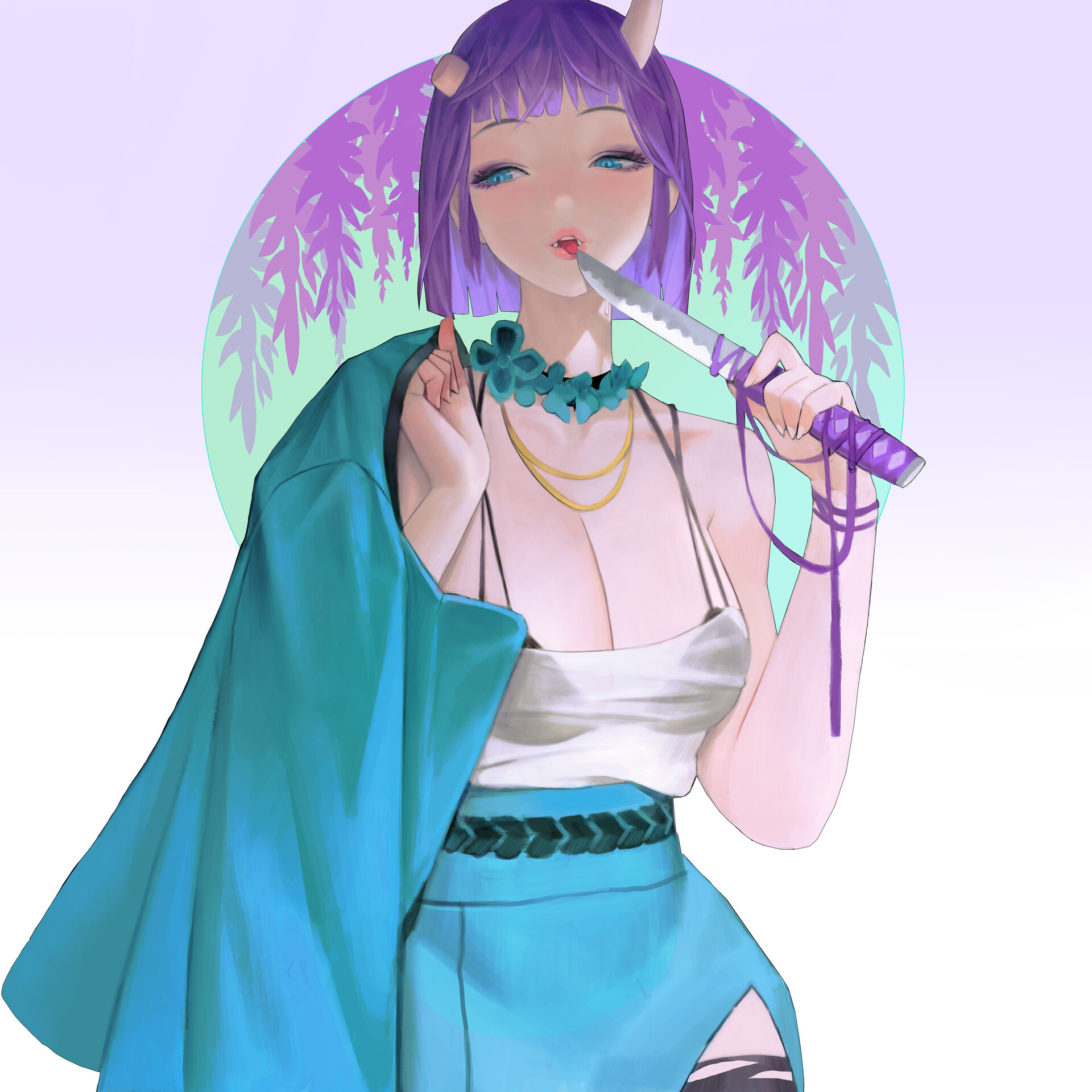 an animestyle illustration of a young woman with short purple hair and small horns. she has blue eyes and a light complexion. she is holding a knife in her mouth. the woman is wearing a blue flower necklace, gold necklaces, a white top with thin straps, and a blue skirt with a slit that reveals a black thigh high. a blue jacket is casually draped over her shoulder. the background is a light purple and green gradient with a circular design.
