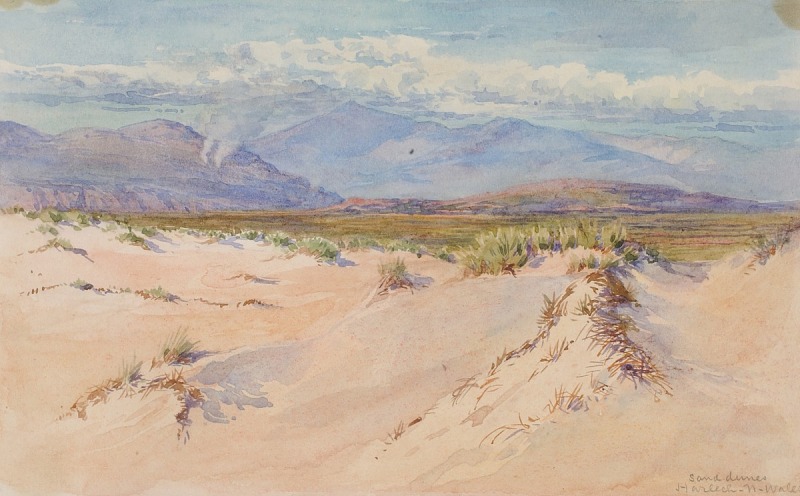 the image is a watercolor painting titled "sand dunes harlech north wales". it depicts a landscape with sand dunes in the foreground, leading to a grassy plain and mountains in the background. the sky is blue with some scattered clouds. the painting is done in a soft, muted color palette.