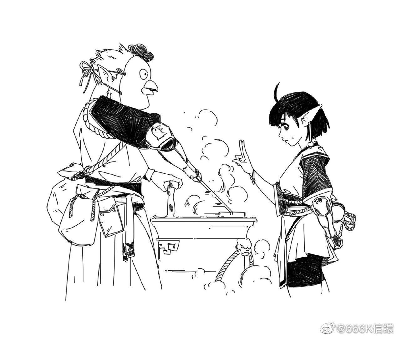 the illustration depicts two elven characters, one male and one female, engaged in an activity that resembles potion making or alchemy. the male character, with exaggerated features, is tending to a steaming pot on a makeshift table. he has a birdlike beak and is dressed in loose, flowing garments suggestive of a robe. the female elf has pointed ears and short hair, appearing younger and more delicate in comparison. she interacts with the process, her hand gesturing towards the pot. both figures have unique, stylized features that blend elements of fantasy and traditional art styles. the art style employs heavy lines and shading to convey depth and form, suggestive of pen and ink or digital line art mimicking those techniques. the background is relatively simplistic, focusing the viewer's attention on the interaction between the two characters. the overall tone is whimsical and suggestive of a mystical or fantasy setting.