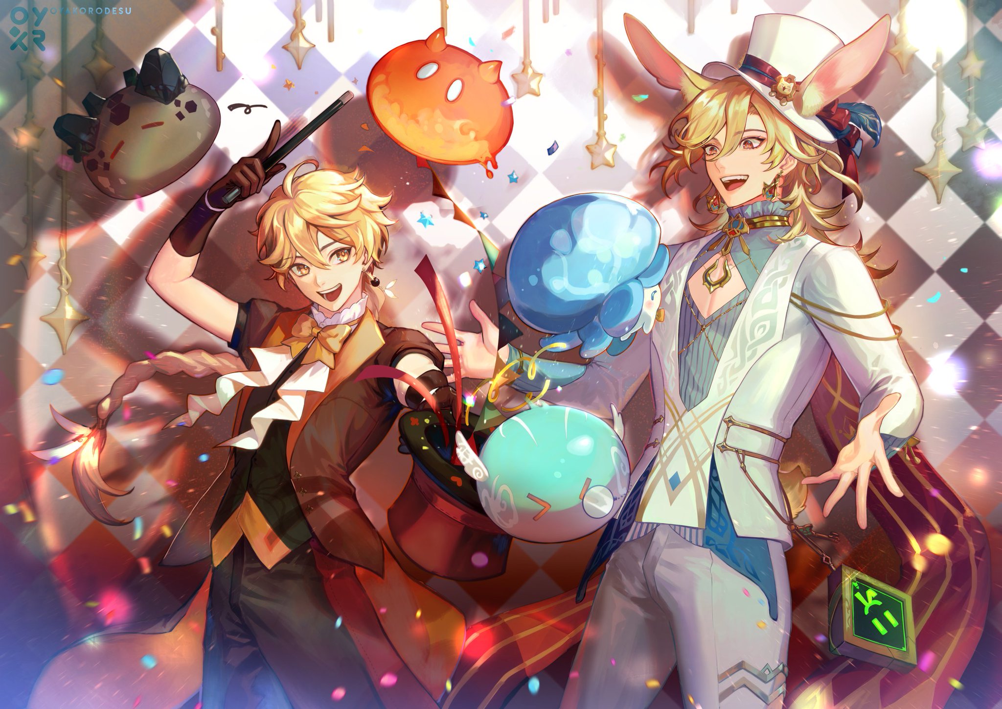 two male anime characters, one in a white suit and bunny ears, the other in a brown and red suit, are smiling and holding magical objects. the one in the white suit has a white hat with bunny ears, and the one in the brown suit has a brown hat.  there are colorful, magical objects floating around them. the background is a checkered pattern. the image is brightly colored and dynamic.