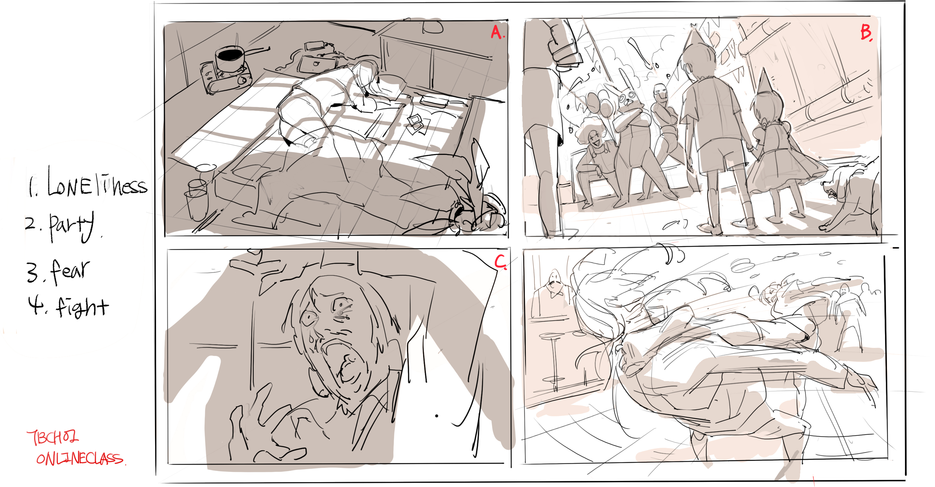 the image is a storyboard, likely for an anime or manga. it depicts a fourpanel sequence illustrating a narrative arc. the scenes progress through different emotions and actions: panel a shows a lone figure lying on a bed, signifying loneliness. panel b portrays a lively party, filled with characters. panel c showcases a character experiencing intense fear, possibly caused by something in the last panel, panel d shows a fight or struggle between figures. the text on the left describes the scenes: 1. loneliness, 2. party, 3. fear, 4. fight. the style is rough, indicative of early concept work.