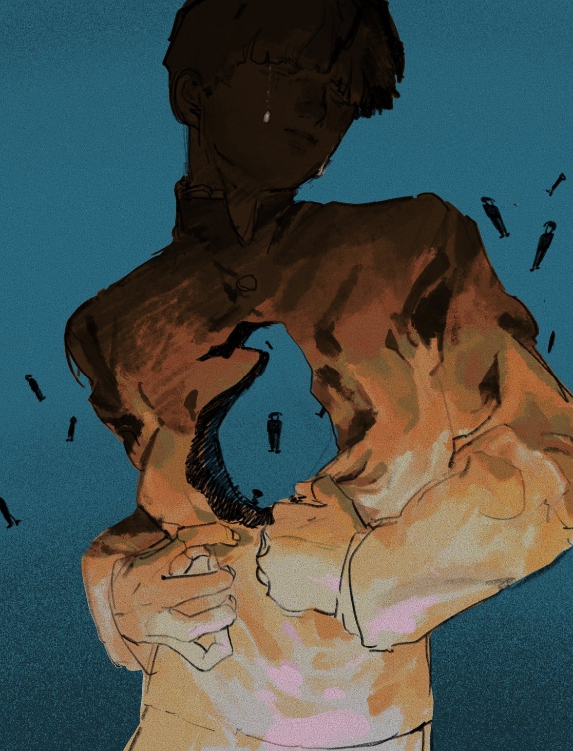 the image depicts a stylized painting of a young man, likely a boy, from the chest up against a blue background. his expression is obscured, suggesting sadness or distress, emphasized by a single tear rolling down his cheek. he appears to be clutching at his chest where his clothing and body seem to dissolve into abstract shapes and dark, falling figures. this could be interpreted as a visual representation of emotional pain, loss, or inner turmoil. the color palette is muted and melancholic, further enhancing the overall feeling of sadness and despair.
