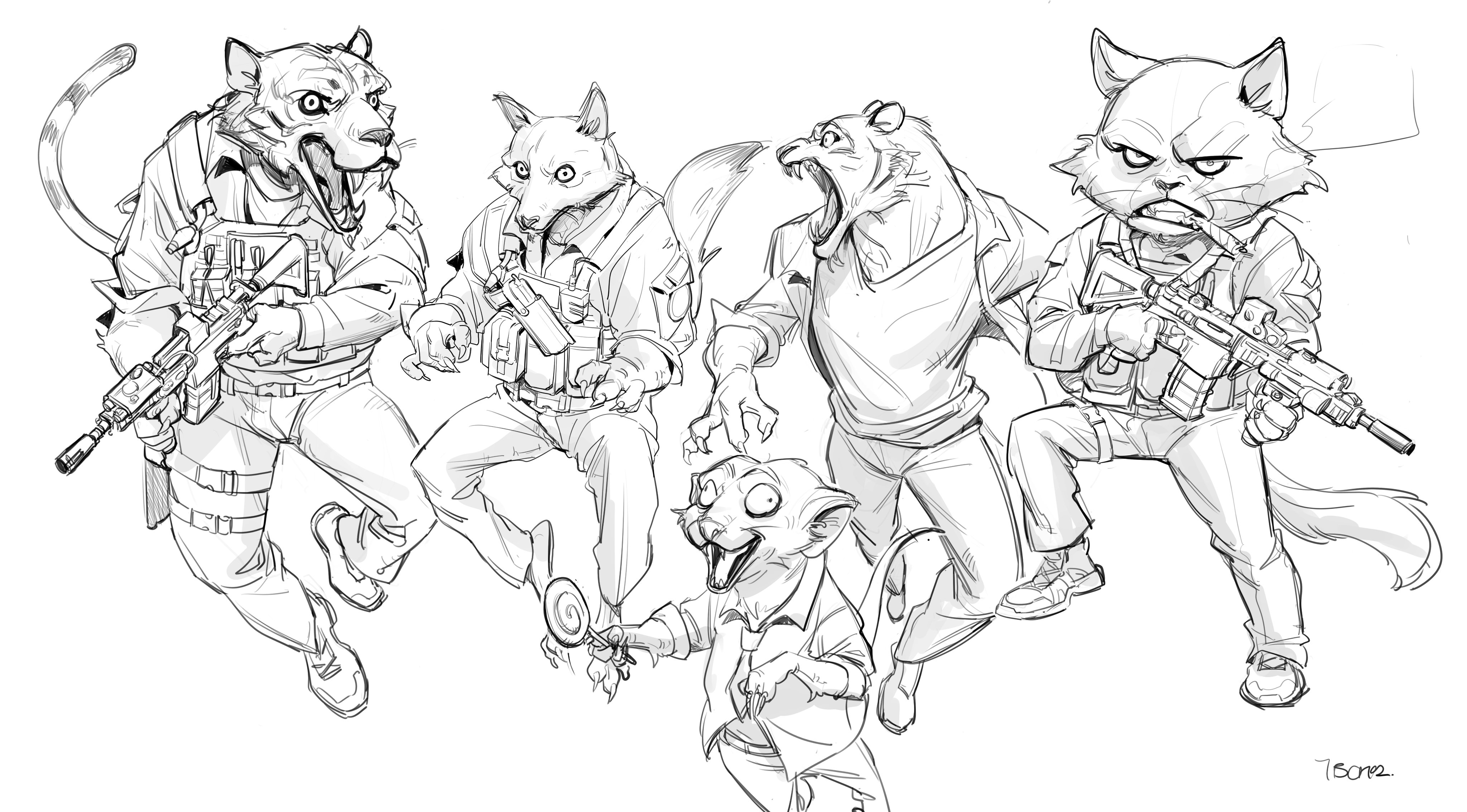 a dynamic black and white sketch depicting a group of anthropomorphic animals dressed in military gear.  the animals include a tiger, a wolf, a cat, and two other felinelike creatures. they are all armed with assault rifles and are shown in various action poses, suggesting a sense of movement and purpose. the style is reminiscent of comic book or manga art, with loose, energetic lines and expressive character designs. the overall mood is actionpacked and slightly humorous.