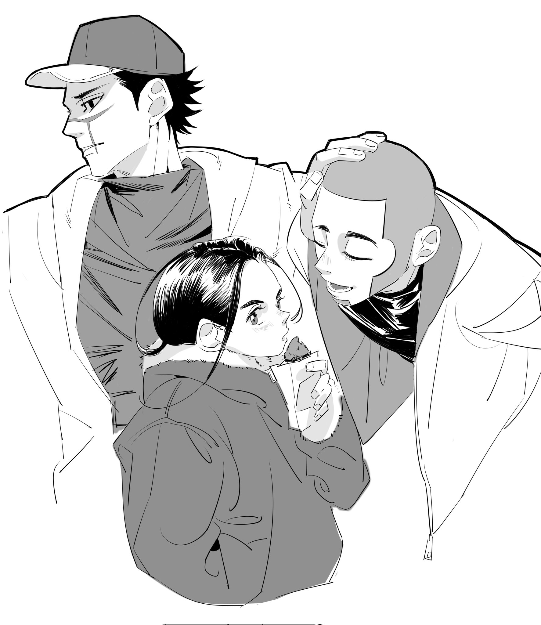 a black and white illustration of three friends, one girl and two boys, standing closely together. the girl is in the center, wearing a hat, and a jacket. she is holding a piece of food in her hand and looking up at one of the boys who is leaning in toward her and smiling. the other boy is standing behind the girl, holding his arm around her shoulder and looking at her with a gentle expression. the three friends are dressed in casual clothing. they all appear to be in their teens. the image suggests a sense of warmth and affection among friends.
