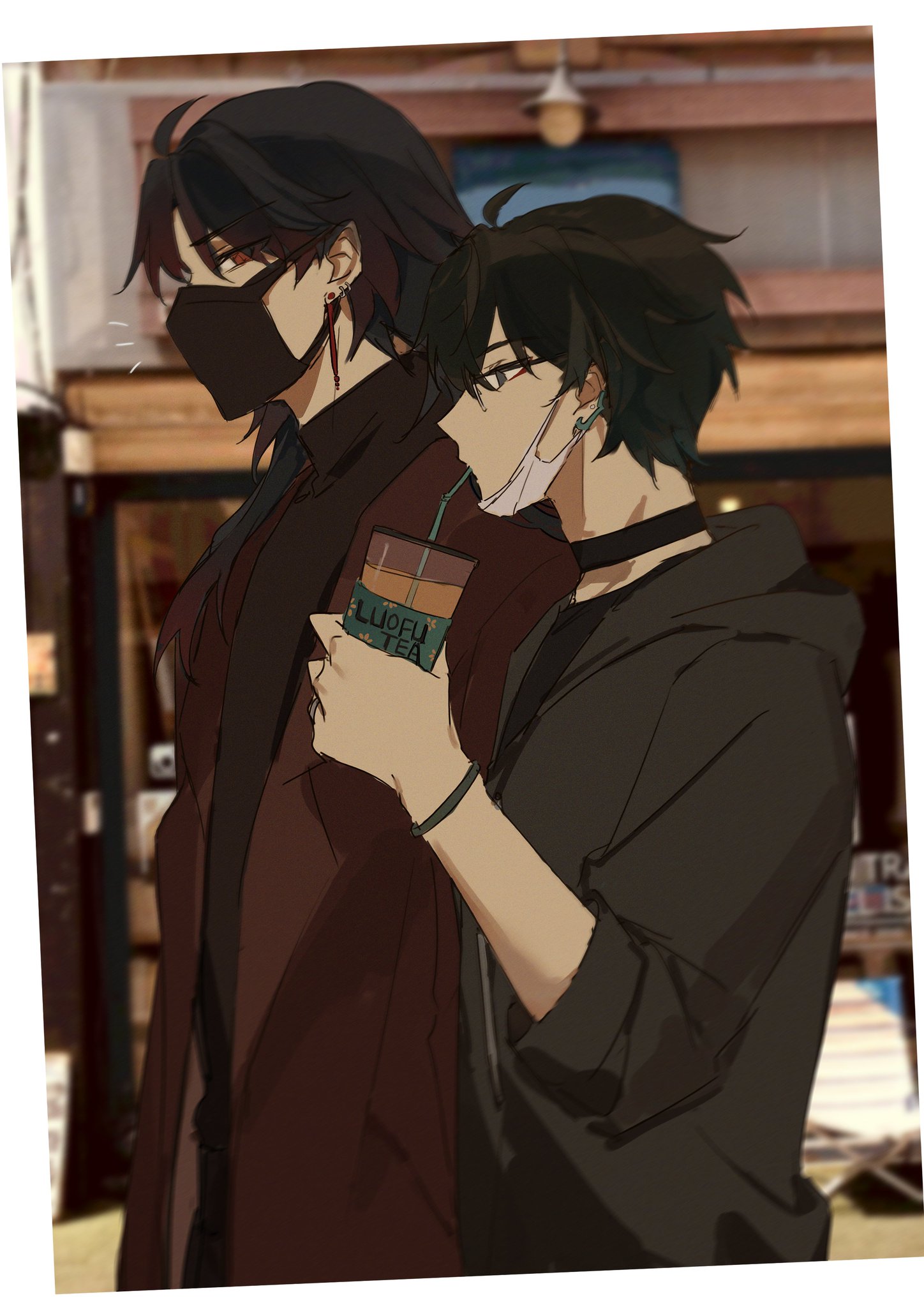 the image shows two anime males, sidebyside and walking down a city street. both are wearing jackets, face masks, and holding a box of beverage. the one on the left has brown hair, a red jacket and green face mask, while the one on the right has black hair, a black jacket and white face mask.  the one on the right is holding the box of drink and the one on the left is holding the box. they are both looking ahead, smiling, and enjoying their time together.