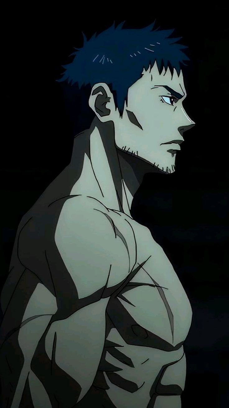 an anime man with a muscular physique is depicted against a black background. the dramatic lighting emphasizes his physique and stern expression. he has short, spiky hair and a serious expression. he appears to be shirtless, further showcasing his muscular build. the image focuses on his upper body, creating a sense of strength and intensity.