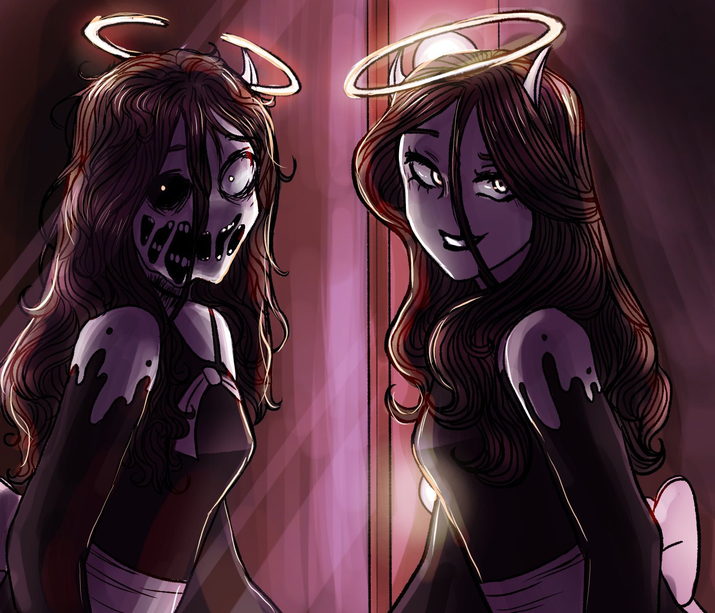 the image shows a digital illustration of alice angel, a character from the video game bendy and the ink machine. she is drawn in a creepy and unsettling way, with one side of her face showing her true demonic form, while the other side has her normal appearance. her hair is long and dark, and she is wearing a black dress with a white sash. alice angel's eyes are hollow and black, and her mouth is a gaping maw filled with razorsharp teeth. there is a slight glow around her head that gives her an almost angelic look. the background is a dark,  purplish  color, and there is a door behind alice angel.