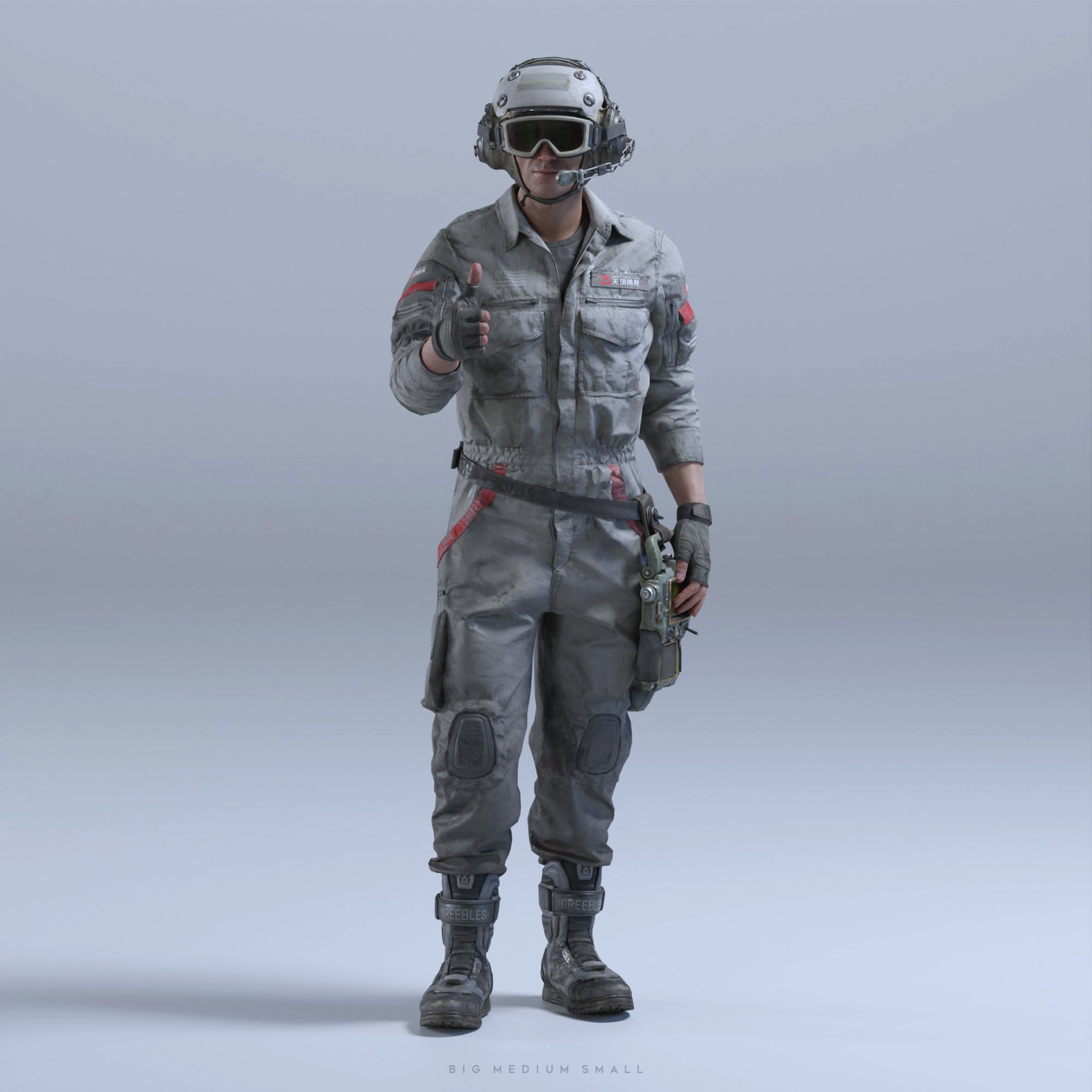 the image is a fullbody, 3d render of a futuristic soldier or technician. they are wearing a grey, tactical jumpsuit with reinforced knee pads and elbow pads. the jumpsuit includes various pockets and straps. the soldier is also equipped with a white helmet with a visor and a communication system, tactical gloves, and heavyduty boots. they are holding a small, boxy device in one hand and giving a thumbsup gesture with the other. the background is a simple, light grey, allowing the soldier to be the clear focus. the overall style is realistic, with high attention to detail in the textures and materials of the clothing and equipment. the image appears to be a promotional rendering, potentially showcasing character design or military technology.  the text "big medium small" is visible at the bottom, likely indicating sizing options for the uniform.