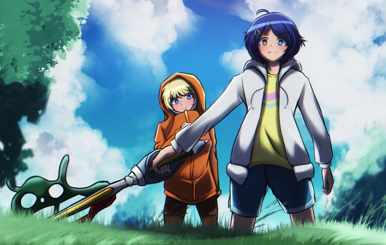 the digital artwork depicts two animestyle girls in a vibrant outdoor setting. one girl has blonde hair and is wearing an orange jacket; the other has blue hair and is dressed in a white jacket and blue shorts. they are holding a long, whimsical, futuristiclooking weapon that resembles a hovercraft, possibly a vacuum cleaner with extensions, that seems to be mowing the grass.  the background features a clear blue sky with fluffy white clouds and a lush green field, creating a serene and adventurous atmosphere. the art style is reminiscent of modern anime with a focus on bright colors and bold lines. the overall mood of the piece is lighthearted and suggests a friendly companionship between the two characters.