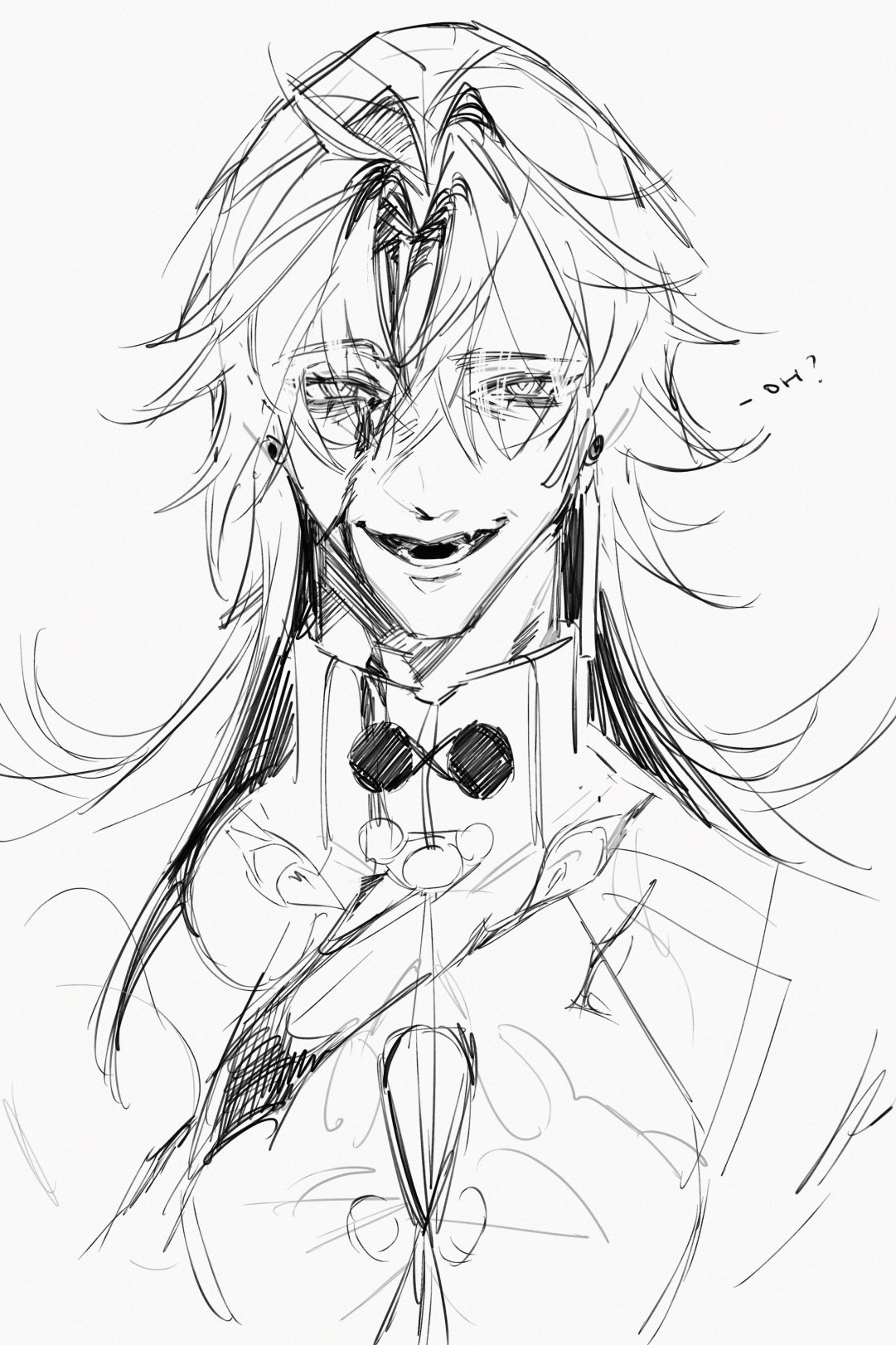 a black and white sketch of an anime male character with long hair that is parted in the middle. he has piercing eyes and a smirk on his face. he is wearing a collared shirt with a decorative design. he has earrings on each ear. the sketch is detailed and intricate. the background is blank, with only the character in the foreground. the character's expression suggests a sense of mischief or slyness.