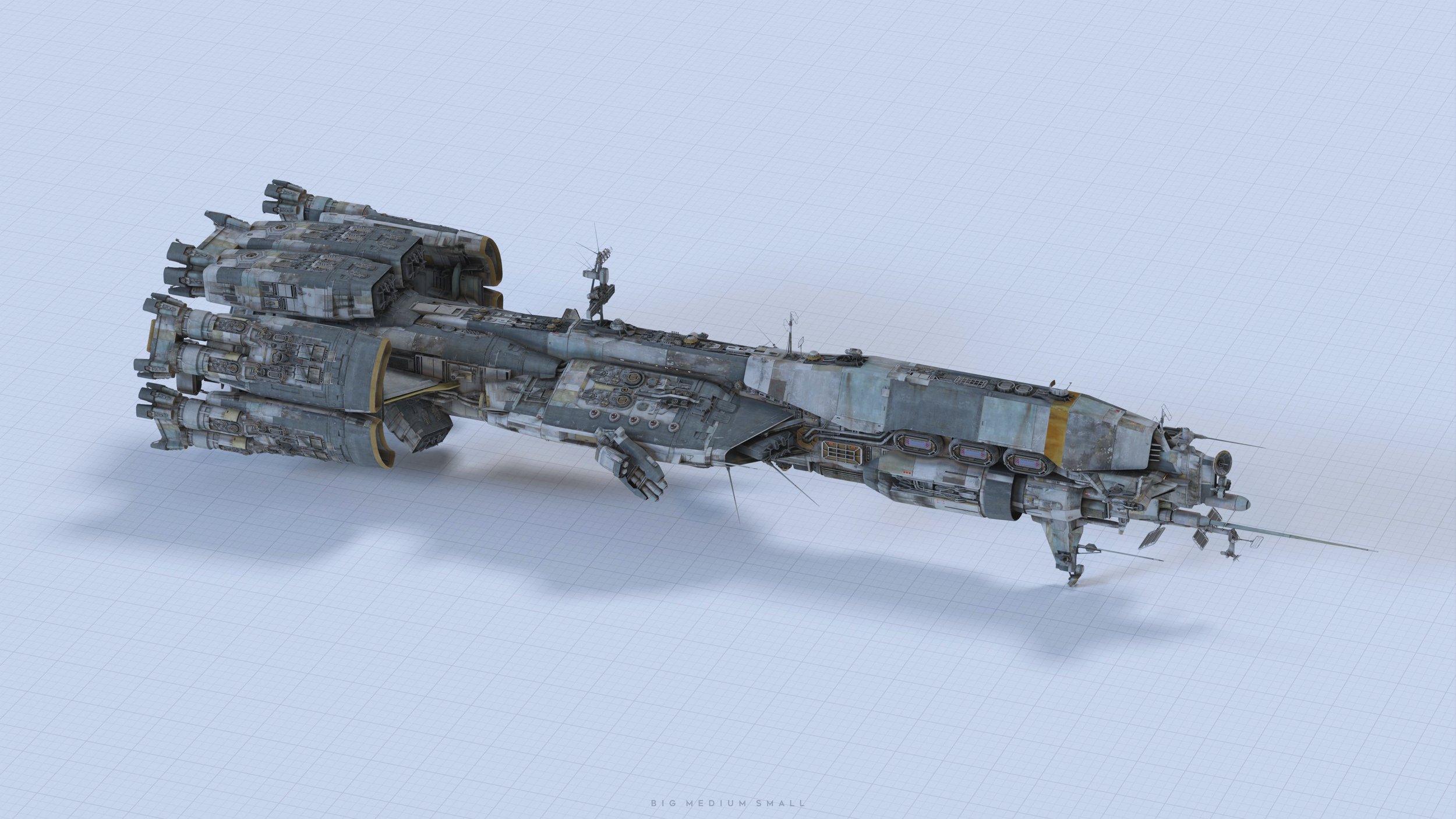 a detailed 3d render of a large, futuristic spaceship.  the ship is long and somewhat cylindrical with numerous engines and protrusions along its length. it appears weathered and worn, suggesting age and use. the background is a simple light grid, and the lighting highlights the intricate detail of the ship's design. the ship is angled slightly, providing a threequarter view. the overall style is reminiscent of science fiction artwork.