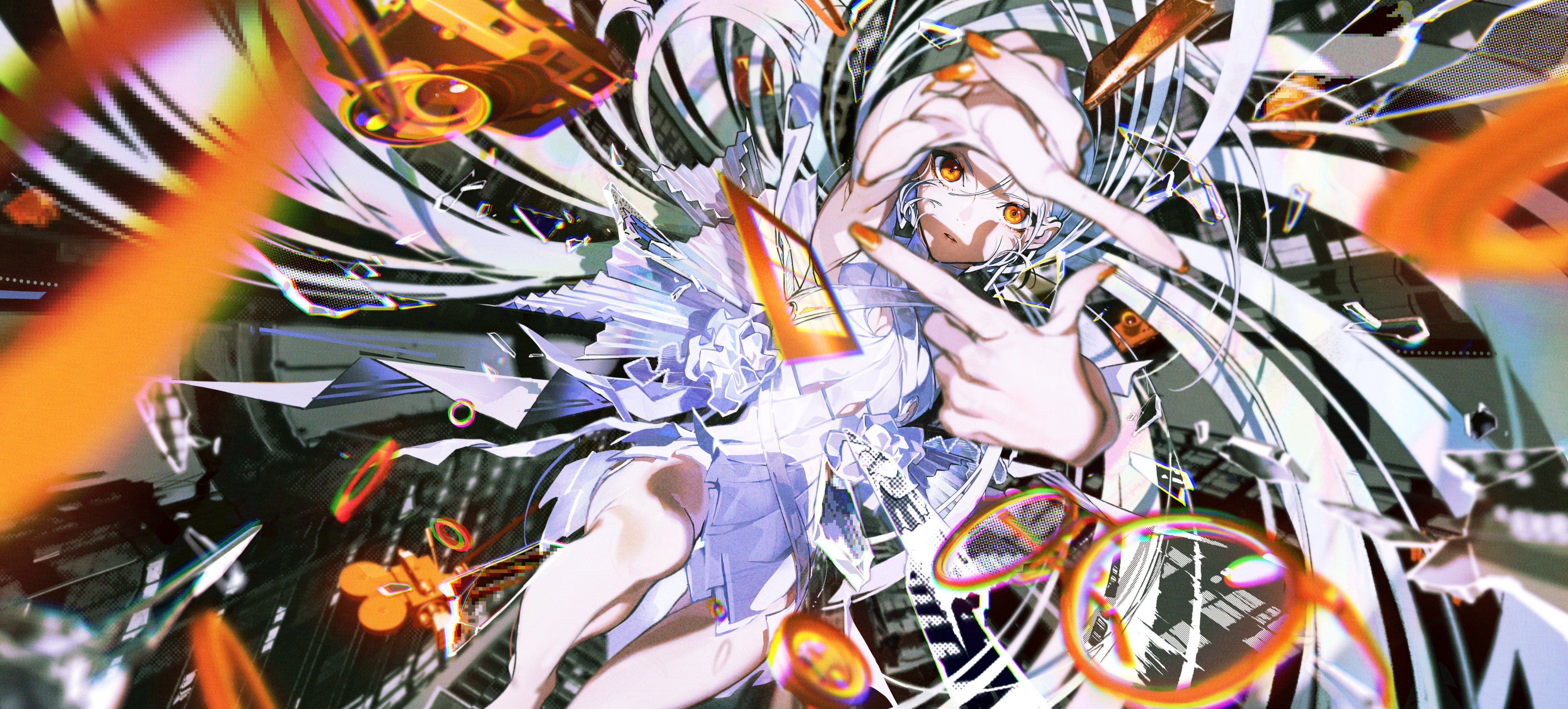 this is a digital art illustration of an anime girl with long white hair. she has a white and blue dress with a large white bow in the back. she has large, green eyes with a purple outline and is posed holding her hand to her face. the background is a swirling, abstract mess of bright, clashing colors, with an emphasis on oranges, blues, and purples. some of the colors appear to be glitching, giving it a more cyberlike aesthetic. there appears to be a camera and some sort of glasses in the background, also appearing to be glitching.