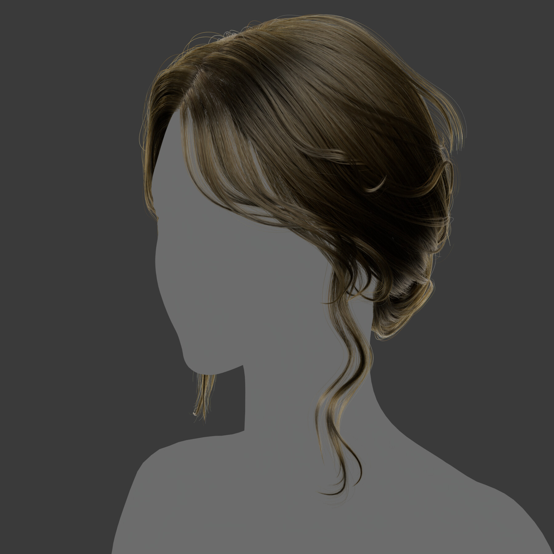 a 3d rendered image of a woman with brown wavy hair. the hair is styled in a side part with curls cascading down the side of the face.  the woman's face is not visible, only her neck and shoulders.  the background is a solid grey color.