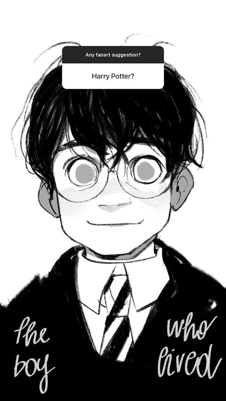 a black and white illustration of harry potter. the text "harry potter?" is seen above his head in a white box. the text "the boy who lived" is seen in the bottom left and right corners of the image.  he is drawn in a suit with a tie and glasses.