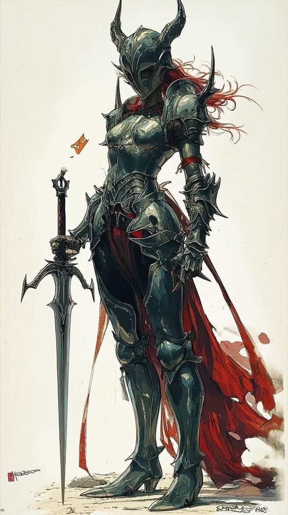 a female warrior clad in dark, ornate plate armor stands at attention, her hand resting on the pommel of a large sword.  her helmet obscures her face, revealing only glowing eyes.  the armor has a spiky, demonic silhouette and is accented with tattered red cloth. the background is a simple offwhite, putting all focus on the imposing figure.