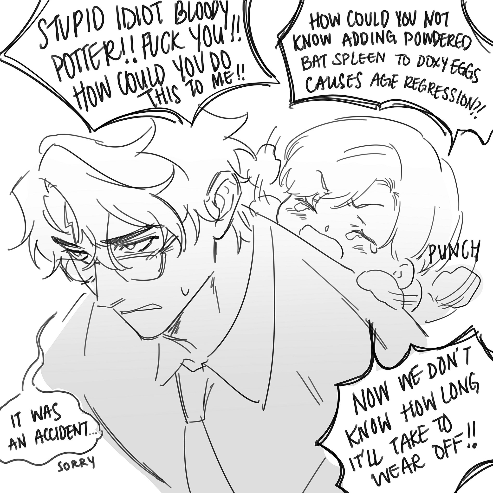 he image is a digital drawing or sketch in a manga or comic style. it depicts a scene with two characters, a man and a woman, who are experiencing a conflict. the man appears angry and is yelling at the woman, while the woman is crying and visibly upset. the dialogue bubbles reveal that the man has accidentally given the woman a potion that causes age regression.  the art style is expressive and uses bold lines to convey emotion. the overall tone is a mix of humor, drama, and conflict, typical of a comedic manga style.