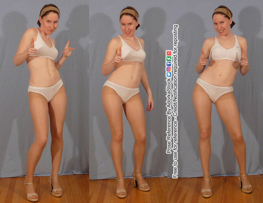 the image shows three variations of the same female model in a studio setting.  she's wearing a white bra and panties, and gold heels. the background is a plain, light gray or blue. in each variation, her pose is slightly different, but all three show her pointing with both hands. the image is labeled as a free pose reference, but requires credit if reposted.  the model appears confident and is posed in a manner to make the image easily usable for a reference.