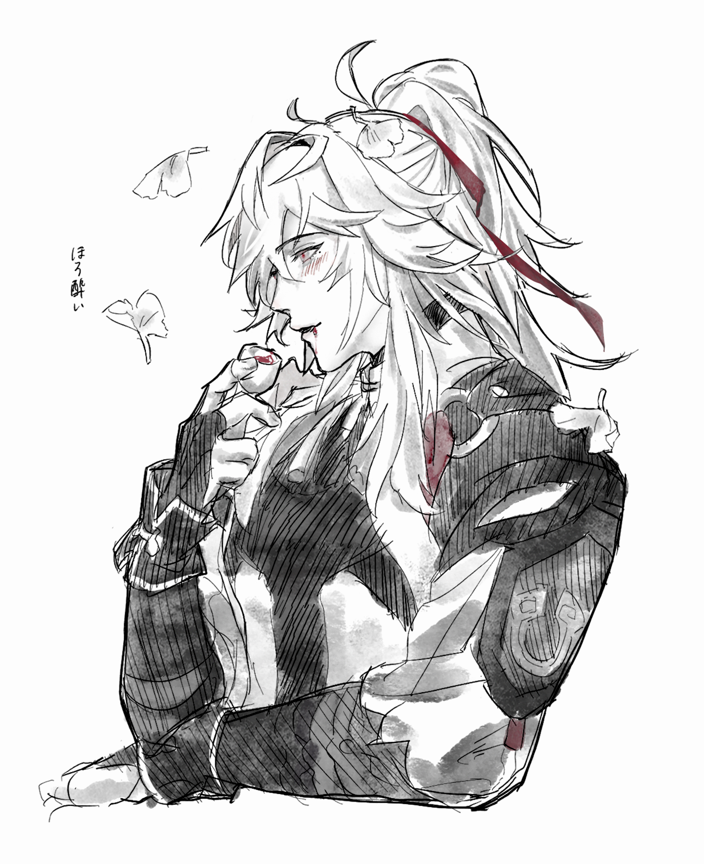 a sketch of an anime character with long white hair and red eyes wearing a black and white outfit, with a red ribbon tied around their hair. the character is holding a small red object in their hand and has a slightly melancholic expression. the sketch is done in black and white with red accents, and there are some flowerlike objects drawn in the background.