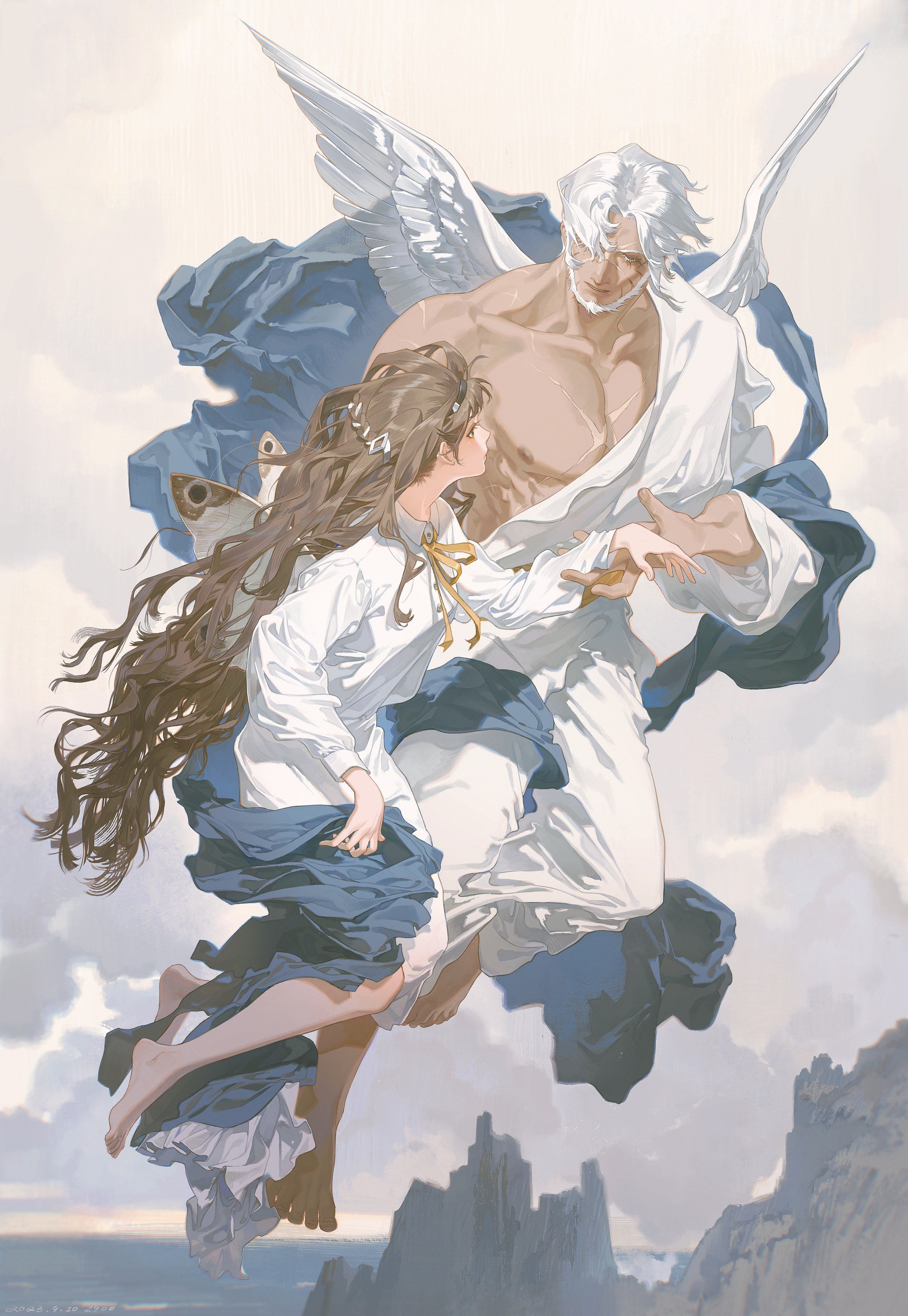 a digital painting of an angel with white wings flying through the clouds holding a woman. the woman is looking at the angel with love and the angel is looking at her with a loving expression on his face.  they are both dressed in white clothing and have flowing hair.  the background is a cloudy sky with a landscape of rock formations.  the painting conveys a sense of romance and ethereal beauty.