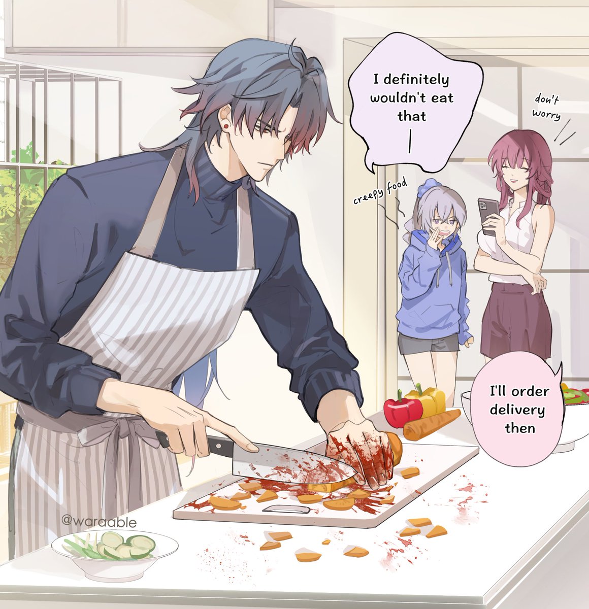 an anime boy is in a kitchen chopping vegetables with a bloody knife. he has a white apron on and is wearing a dark blue shirt. a girl with short grey hair is staring at him with a worried expression. she is wearing a blue jacket and white shorts. another girl is standing to the right, looking over her shoulder. she has long brown hair and is wearing a pink shirt and black shorts. the girl on the right is saying "i'll order delivery then", while the girl on the left is thinking "creepy food". the scene suggests the anime boy is making something disturbing. the image is set in a kitchen with a kitchen counter, a chopping board, a knife, vegetables and blood.